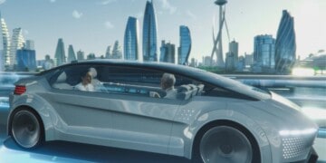 a futuristic white autonomous vehicle with two people sitting in it in front of a futuristic city skyscrapers