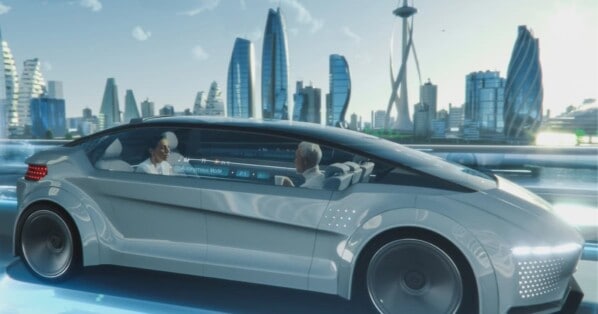 a futuristic white autonomous vehicle with two people sitting in it in front of a futuristic city skyscrapers