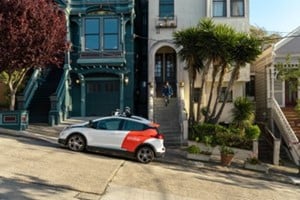 Autonomous vehicle parked on a hill in front of a building in San Francisco