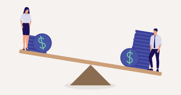 illustration of gender pay gap with a man and a woman on a scale