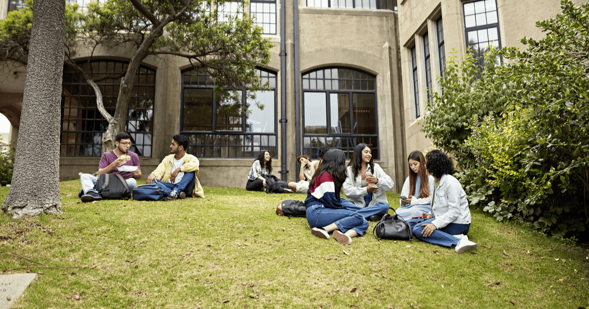 international college students sitting on the lawn on a university campus