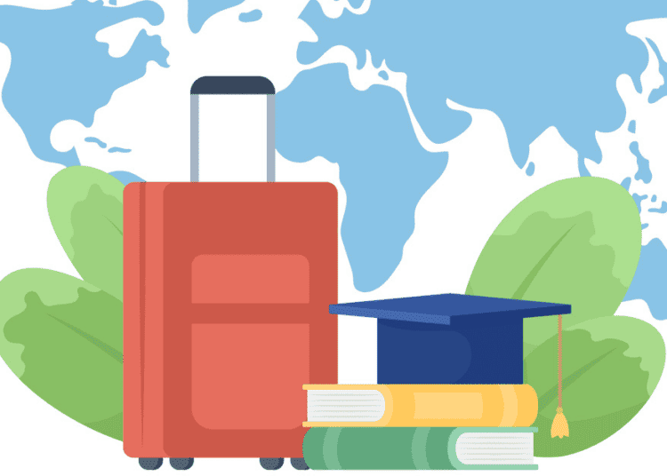 International student transition tips illustration with a suitcase, graduation cap, and books in front of a world map