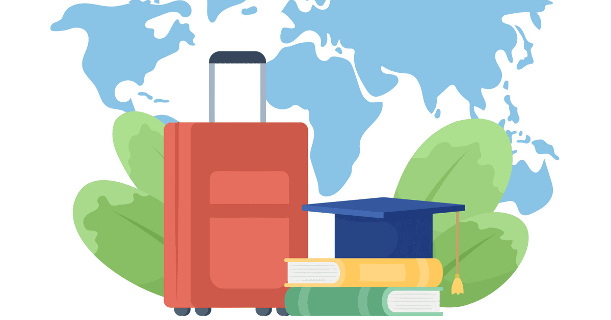 International student transition tips illustration with a suitcase, graduation cap, and books in front of a world map