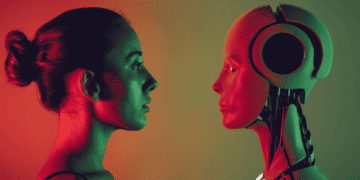 image of a woman engineer looking eye-to-eye with an AI robot