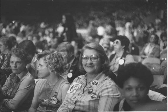 Society of Women Engineers President Arminta Harness sits in the audience at the 1977 National Women's Conference in Houston, Texas.