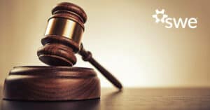 stock image of a brown gavel on a beige background with a white SWE logo