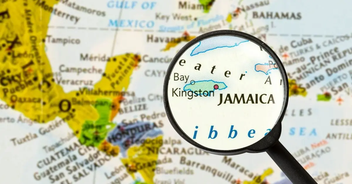 Jamaica on map with magnifier glass